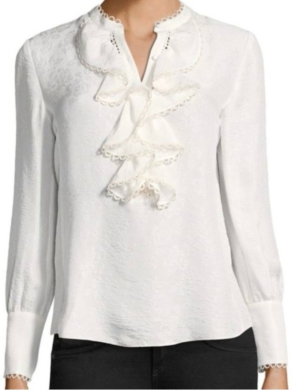 Rebecca Taylor Silk Ruffle V Neck Blouse - Ivory, Size 2